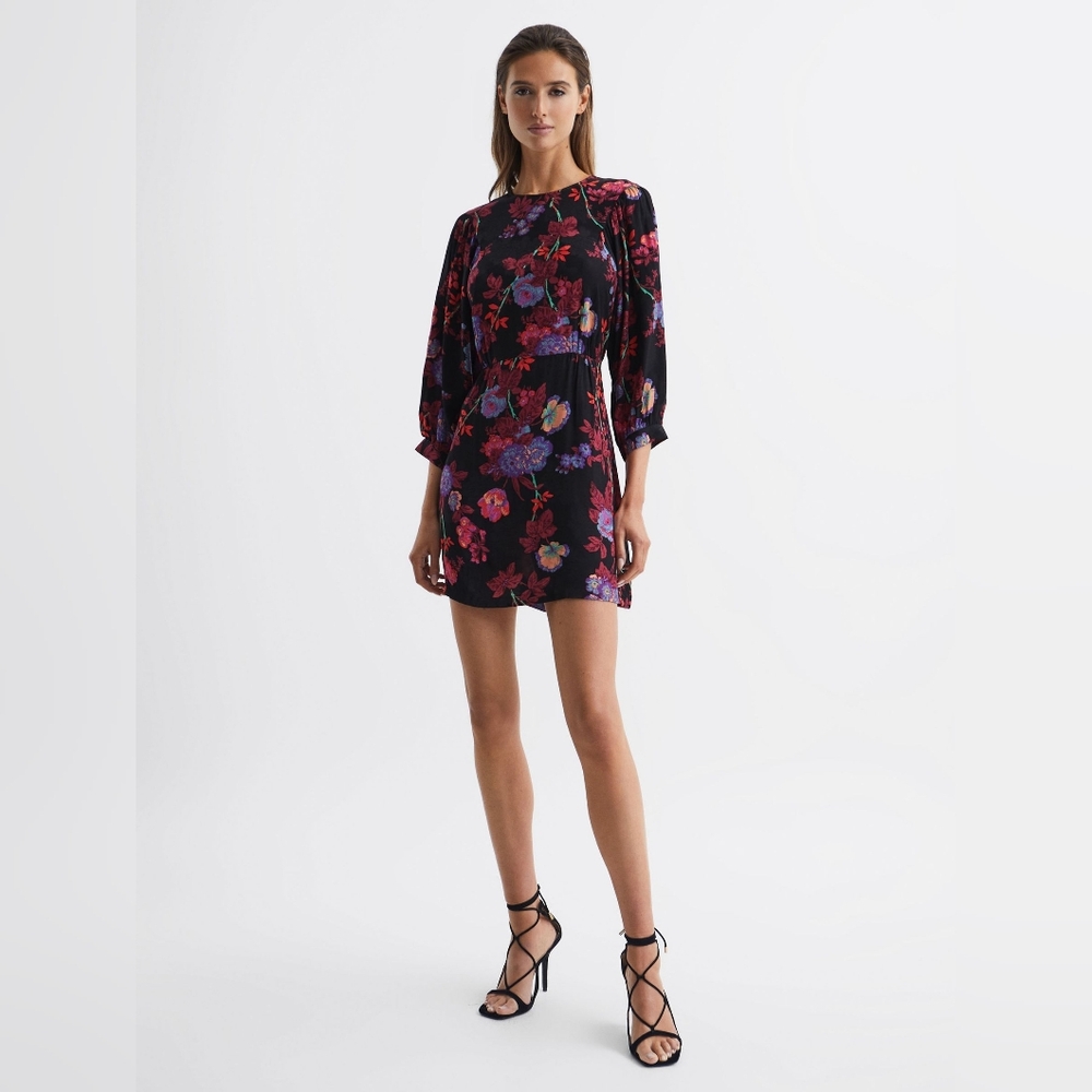 Reiss‎ Paulina Black Floral Long Sleeve Mini Cocktail Dress Size 8